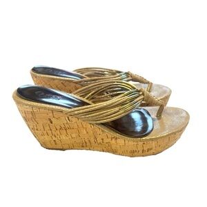 Carlos Santana Tasha Cork Wedge Platform Thong Leather Sandals Tan Gold Sz 10